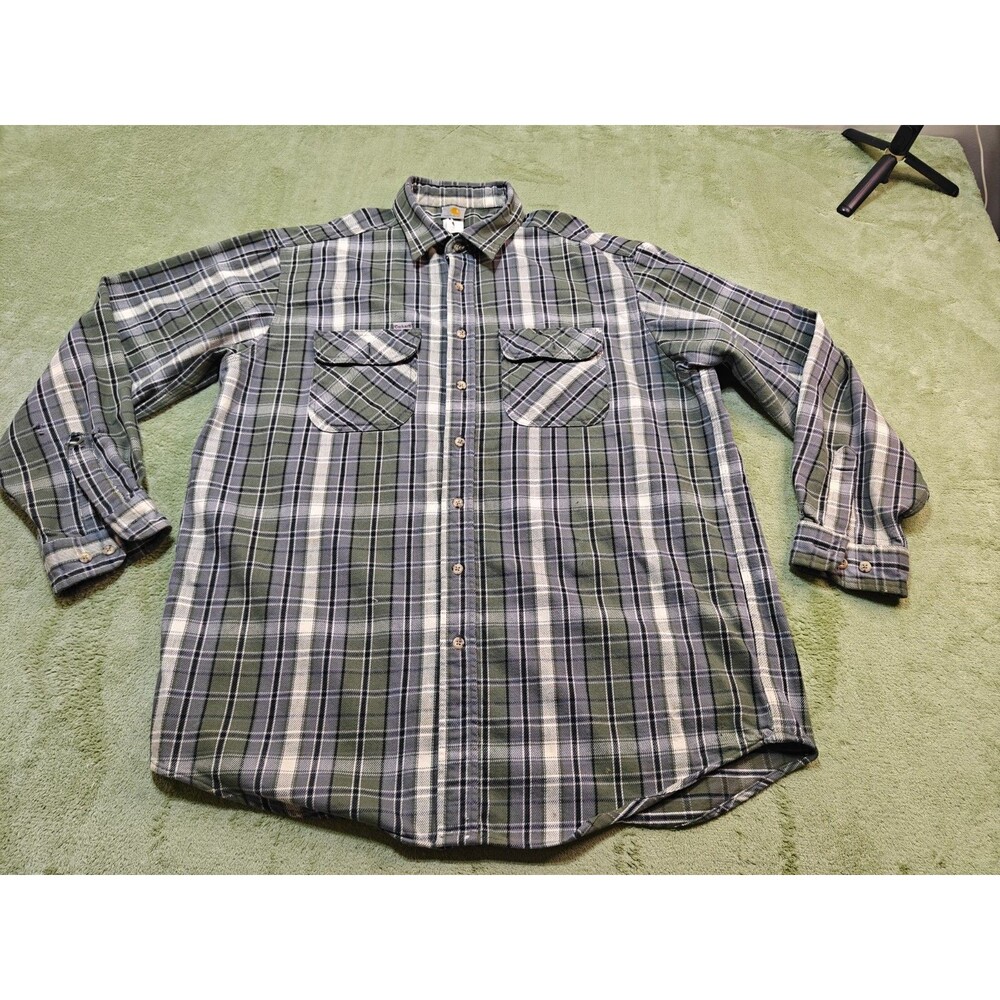 Vtg Carhartt Plaid Flannel Shirt Mens LT Green Workwear Distressed Thrashed 0602
